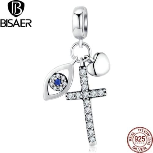 Lucky 925 Sterling Silver Guardian Eyes Beads Blue Eyes & Cross Zircon Charms fit Women Bracelets Silver 925 Jewelry ECC1327