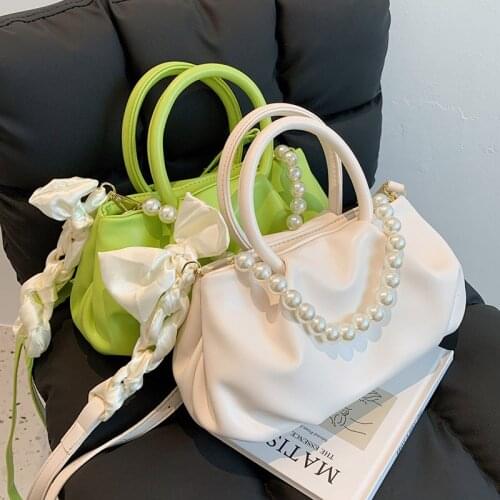 Small Cute Soft PU Leather Crossbody Bag with Silk Scarf Handle for Women 2021 Beading Sweet Party Tends Shoulder Handbags Totes