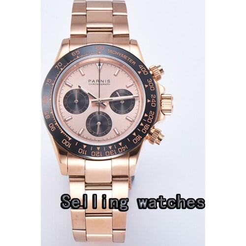 39mm PARNIS black rose gold dial sapphire golden case full Chronograph quartz mens watch