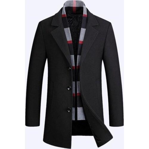 Autumn and winter new mens wool coat warm business casual jacket detachable scarf mens coat large size