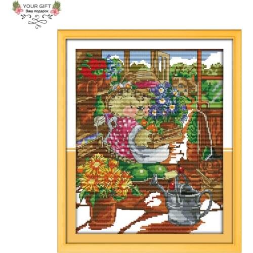 Joy Sunday Counted and Stamped The Little Hedgehogs Flower Shop Needlework Embroidery Cross Stitch kits for Home Decor K622