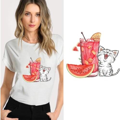 Juice Drink Cute Cat Ironing on Heat Transfer Printed Patches Stickers for Clothes T-shirts Washable DIY Cat Patches Appliques