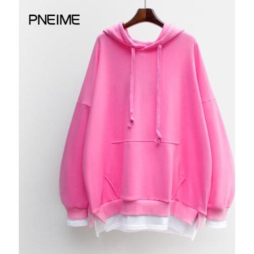PNEIME New Woman Pink Fake Two-Piece Hoodie Casual Loose Sweet Sweater Woman College Style Stitching Pullover All-Match Top