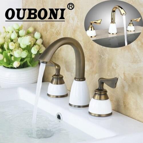 OUBONI Antique Brass Bathtub Golden Polish Bathroom Faucet 3 Pieces Set Double Handles Ceramic Handle Basin Sink Water Mixer Tap