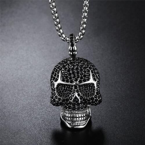 Full Rhinestone Punk Gothic Titanium Stainless Steel Biker Skeleton Skull Pendants Necklaces for Men Jewelry HE109