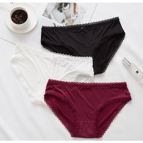 Simple Lace Trim Ladies Briefs Seamless and Comfortable Ice Silk Low-waist Girls' Underpants Cotton File Lingerie Sexy