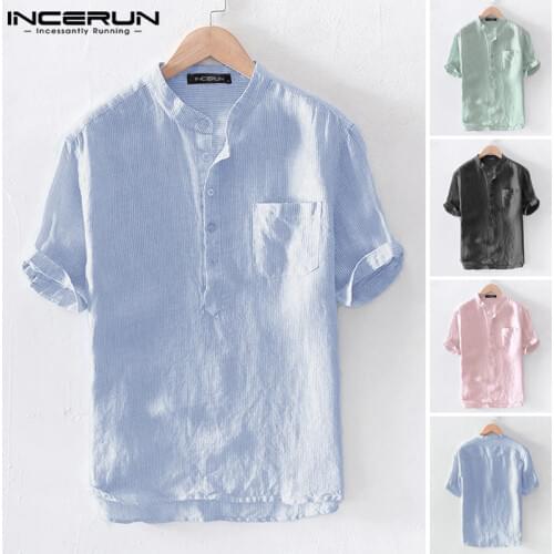 INCERUN 2021 Summer Casual Striped Shirts Men Breathable Brand Short Sleeve Leisure Blouse Harajuku Stand Collar Beach Shirt Men