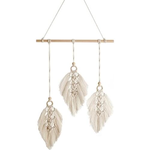 Nordic Woven Macrame Wall Hangng Boho Leaf Feather Tassel Cotton Tapestry Decor