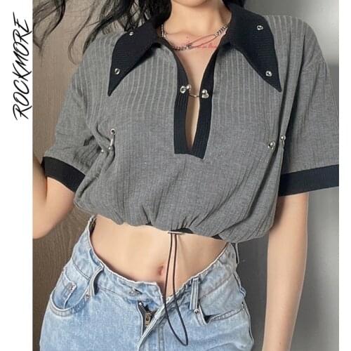 Rockmore Harajuku Crop Top y2k Fairy Short Sleeve T Shirt Drawstring Tee Women Korean Lapel Button Sexy Female Streetwear 90S