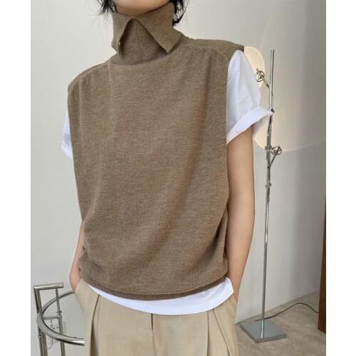 Spring and autumn womens casual solid color high neck sleeveless loose sweater