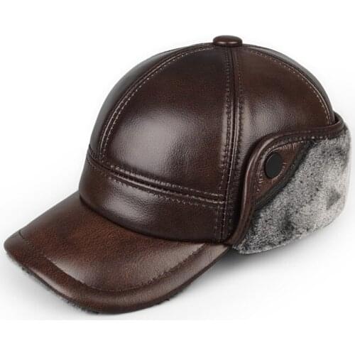 Fashion Man Genuine Leather Hats Winter First Layer Cowhide Warm Earmuffs Bomber Caps Plus Velvet Thicken Male Bone Caps Dad Hat