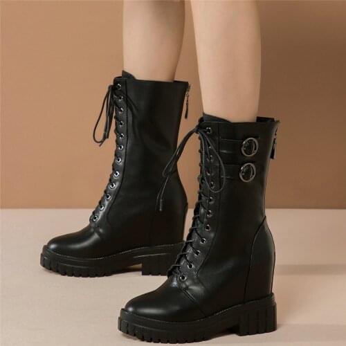 Punk Creepers Women Lace Up Cow Leather Hidden Wedges High Heel Ankle Boots Female High Top Round Toe Pumps Shoes Casual Shoes