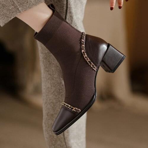 2021 Fall Shoes Women Square Toe Chunky Boots for Women Black Boots Concise Ankle Boots Fashion Stretch Boots Zapatos de mujer