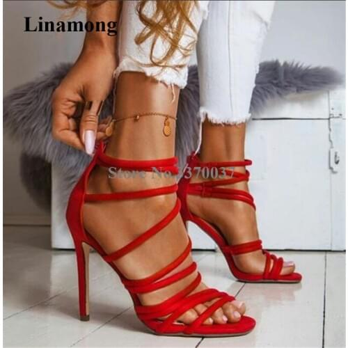Women Fashion Open Toe Suede Leather Strap Cross Stiletto Heel Gladiator Sandals Red Back Zipper-up High Heel Sandals Dress Heel