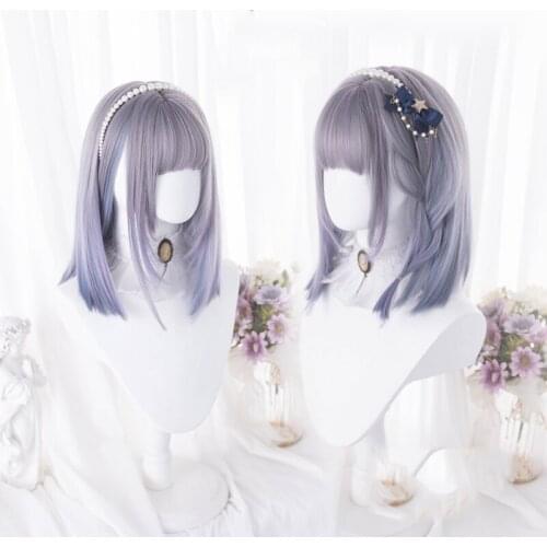 Short Blue purple Daily Straight Hair Synthetic Wig With Bangs For White Women Cosplay Heat Resistant Female Fiber Bob Wigs