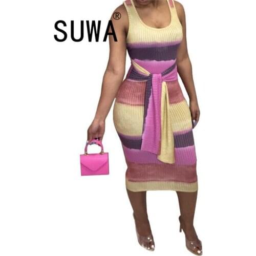 Contrast Color Striped Printed Summer Sheath Knee Length Dresses For Women Clothing Party Night Club Elegant Robe