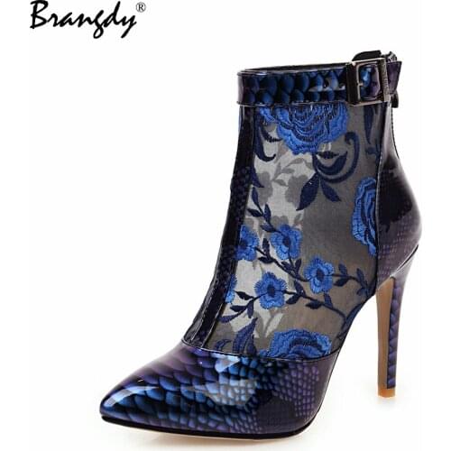 Brangdy Sexy Women Pumps Embroidery Ankle Boots PU Scales Women High Heels Shoes Mesh Pointed Toe Women Thin Heels Shoes Zipper