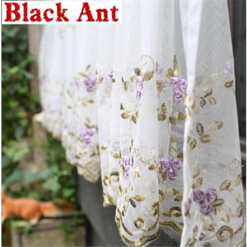 Embroidery Floral Half Tulle Curtain For Living Room Coffee Short Voile Sheer Curtain American Country Rod Pocket DL-JD913#20