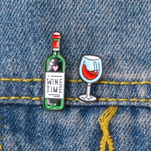 Wine lover Bottle and Wine pins Lapel pins"Wine Time"Enamel Badges Brooches for men women unisex Food jewelry Gift 4.9