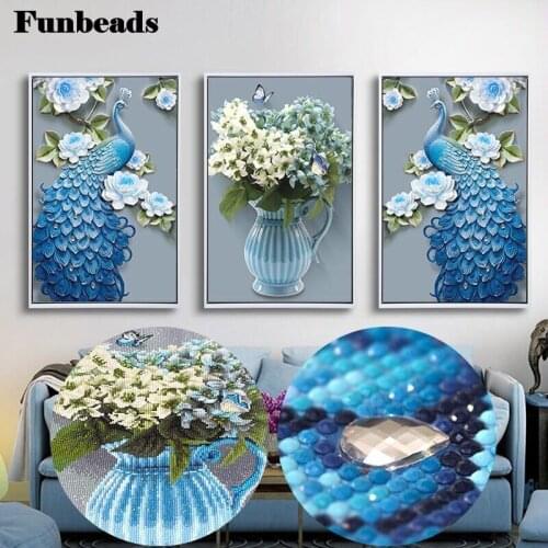 Blue Peacocks Flower 5D Diamond Painting Cross Stitch Full Square Round Drill Diy Embroidery Triptych Mosaic Home Decor FF3853
