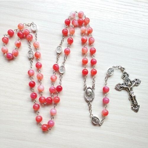 QIGO Red Acrylic Strand Jesus Cross Rosary Necklace Long Virgin Catholic Religious Jewelry