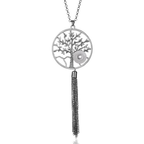 Fashion Snaps Jewelry Tassel Long Necklace 18mm Owl Tree of life DIY Snap Button Pendant Necklace For Women Charms Gift