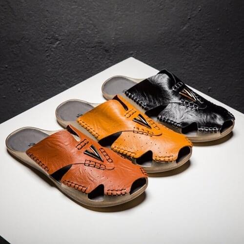 Genuine Leather Mens Slippers Summer Mens Shoes Plus Size38-48 Breathable Male Sandals Casual Slip-on Beach Slippers for Men