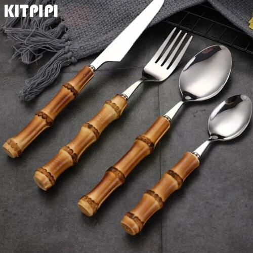 Dinnerware Sets With Bamboo Handle Steel Steak Knives Knife Set Kitchen Spoon For Home Cutlery Tools Tableware Fork Q9R6