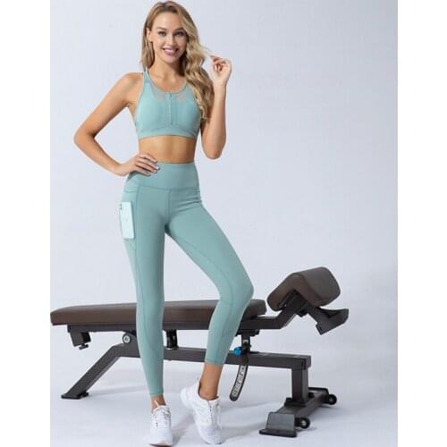 New Womens Yoga Set Naked-Feel Zipper Fitness Lace Patchwork Running Wear Tights Sports Bras+Leggings Workout Suit With Pocket