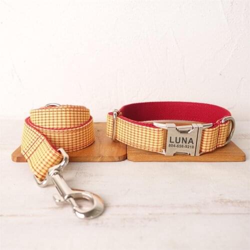 Personalized Dog Collar Custom Pet Collar Free Engraving ID Name Tag Pet Accessory Orange Red Plaid Puppy Collar Leash Set