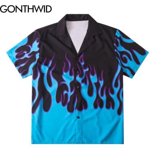 GONTHWID Hawaiian Beach Shirts Hip Hop Fire Flame Casual Button Shirt Mens Summer Fashion Short Sleeve Holiday Party Blouse Tops