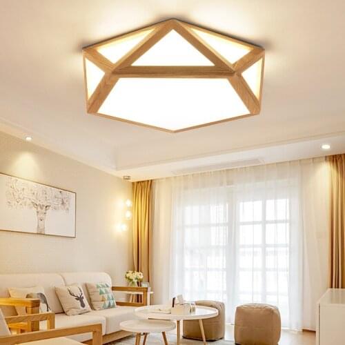 Simple Log Ceiling Lamp Lighting Furniture Nordic Childrens room Study Bedroom LED Lamp Hollow Geometric Diamond Wood Art Lamp