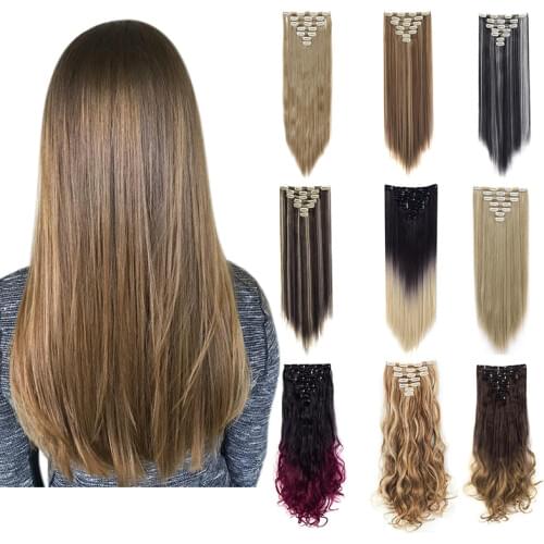 Lelinta 7Pcs 16 Clips 22'' 24'' Straight/Wavy Curly Full Head Clip In on Double Weft Hair Extensions,Fake Hair for Women