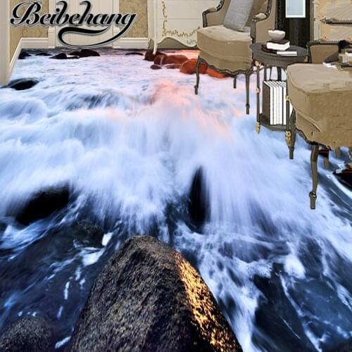 Beibehang Self Adhesive Custom 3D Photo Wallpaper Waterproof Beach Wave Wall Stickers Floor 3D Wall Mural Wallpaper For Bathroom