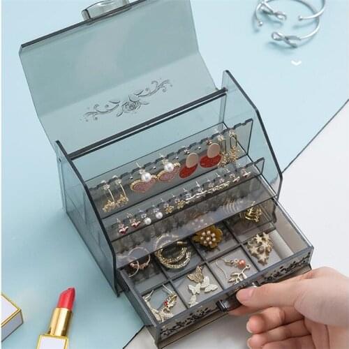 Jewelry Box Acrylic Earring Necklace Disply Drawer Grey Color Gift For Girl Friend Table Organizer