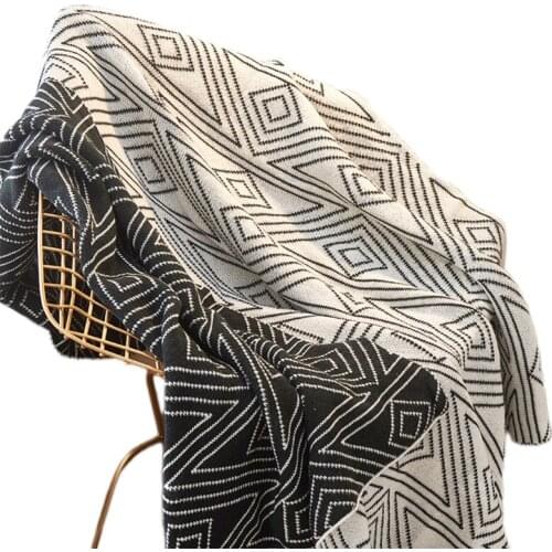Nordic Style Knitted Warm Throw Blanket Black White Double-Sided Jacquard Diamond Striped Pattern Sofa Weighted Cover