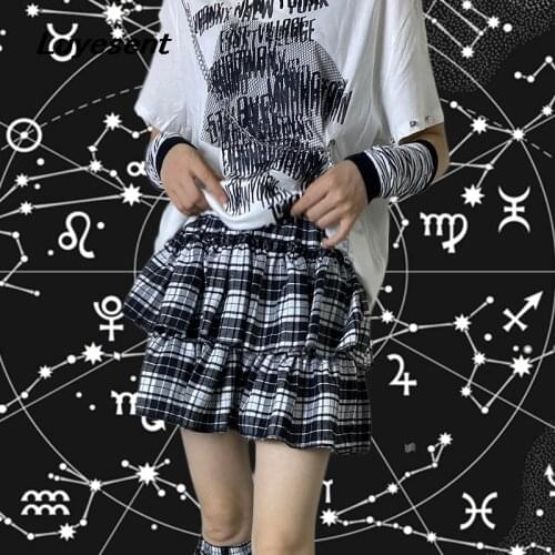Gothic Lady Black White Plaid Mini Skirt Summer Women Elastic Waist Y2k Street Midi Skirts Dark Goth Cool Korean Fashion Cloth