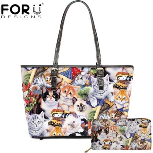 FORUDESIGNS High Quality Women Fashion PU Leather Handbag And Purse Christmas Cat Pattern Printing Female Large Shoulder Bolsa