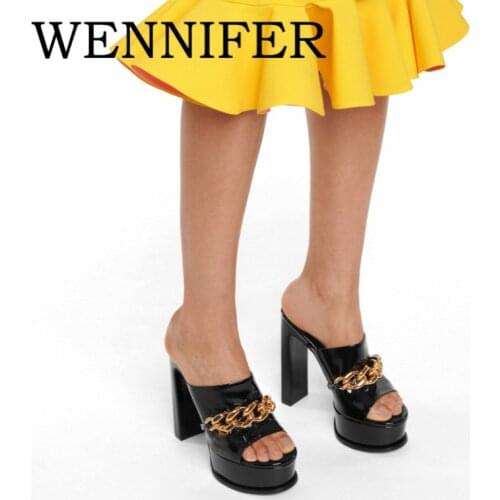 2021 Women Summer Sandals Open Toe Metal Chain Decor Platform Super High Heel Slippers Female Beach Party Women Sandalias Mules