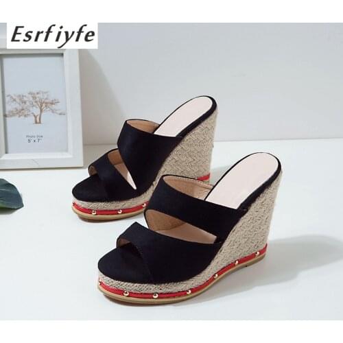 ESRFIYFE 2021 New Summer Peep Toe Platform Wedge Slippers Shoes Women Fashion High Heel Female Shoes Weaving Heel Big Size 34-50