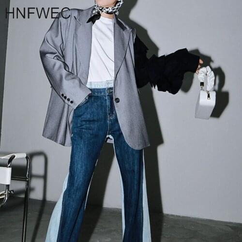 2020 Fashion Spring Autumn Women Gray Contrast Color Split Ruffles Blazer New Lapel Long Sleeve Loose Fit Jacket V820