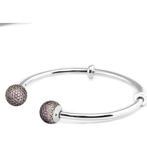 Genuine 925 Sterling Silver Open Bangle with Pink CZ Caps Cuff Bracelets Bangles for Women DIY Charms Jewelry Making pulseras