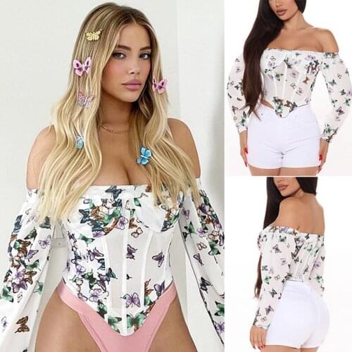 WomenS Butterfly Printed Mesh Top Off Shoulder Corset Corset Sexy Top White