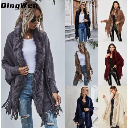QingWen Womens Sweater Aautumn Winter New Bohemian Fringe Woollen Collar Shawl Cardigan Ponchos Oversized Cardiganweater 2021