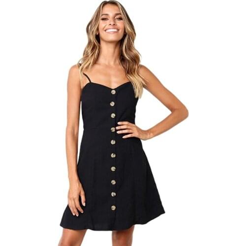 Women Short Backless Dress V-neck Spaghetti Strap Button Dress Casual Sleeveless Summer Dresses