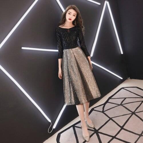 2019 New Fashion Evening Dress O-neck Half Sleeve Shinning Sequins Tea Length Prom Party Dress Haute Couture Robe De Soiree