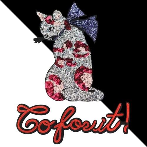 2piece Patch Embroidered Brand Sparkle Sequin 3D Sticker Sticker Mouth cat Embroidery Theme Pattern decal Clothing clothes Badge