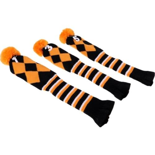 3 Pieces Golf Knit Pom Pom Headcover Driver Fairway Woods Head Covers Orange