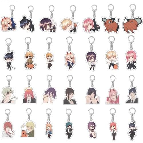 28Pcs/Lot Anime Acrylic Keychain Chainsaw Man Pochita Kawaii Characters Double Sided Pendant Keyring Jewelry Wholesale
