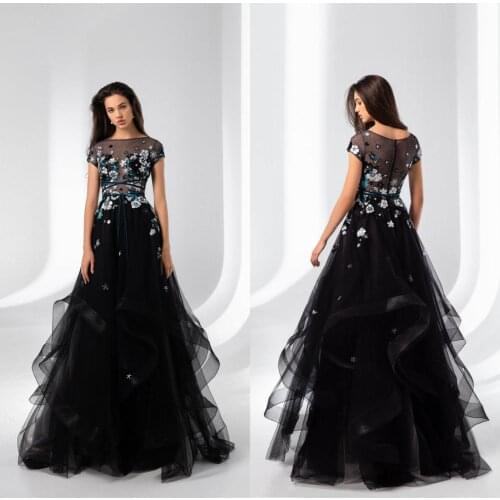 Black Evening Dresses 2020 Tiered Skirts Bateau Neck Short Sleeves Prom Dress A Line Custom Made Vestidos Formal Party Gowns